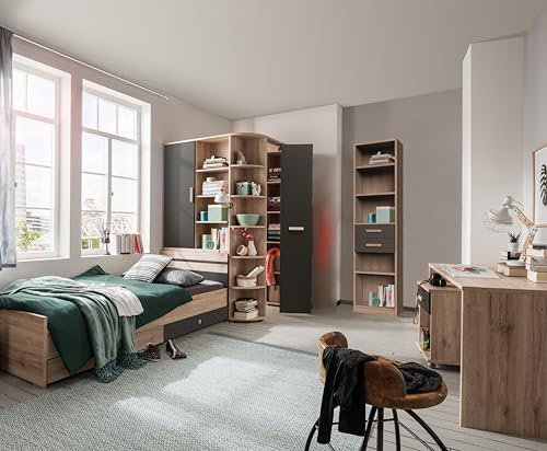 Modernes Jugendzimmer Cariba in Eiche San Remo & Graphit oder Eiche San Remo & Weiß – wahlweise Matratze und Lattenrost - Verschiedene Set Varianten (6 teilig in Eiche San Remo und Graphit)