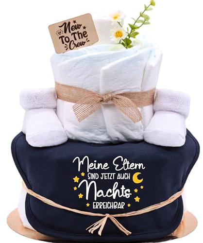 Trend Mama | Windeltorte | navy blau | Spruch wählbar | Lätzchen, Kuschelsocken |Geschenk Geburt (Design| Meine Eltern sind jetzt auch Nachts erreichbar)