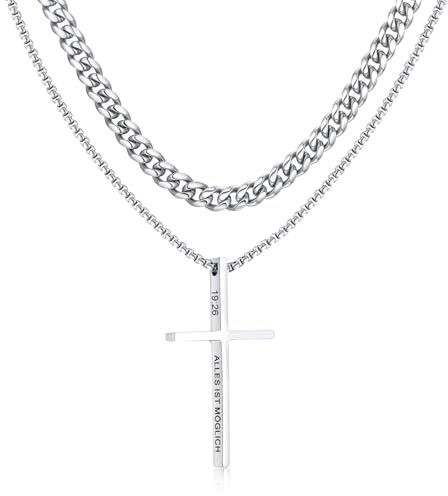 XUANPAI Kreuz Kette Silber mit Gravur für Herren - 2 Stück Ketten mit Kreuzanhänger Edelstahl Schweißfest Kubanische Kette Abschluss Geburtstag Geschenke für Sohn Jungs Männer