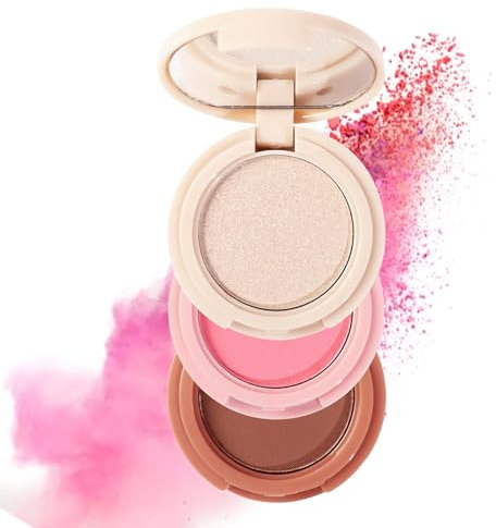 3-in-1 Blush & Eyeshadow Palette - Peach Matte Powder with High-Shine Finish, Silky & Lightweight for Layered Cheek Makeup