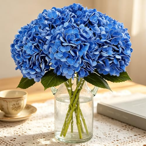 Kisflower 3pcs Latex Hydrangea Flowers - Real Touch Artificial Flower Fake Hydrangea Bouquet Flowers with Stems for Wedding Party Office Home Decoration(Dark blue)
