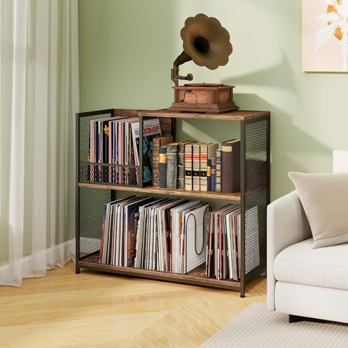GOPLUS Soporte para Tocadiscos de 3 Niveles, Mesa de Almacenamiento de Vinilos con 3 Divisores Extraíbles y Marco de Metal, para Tocadiscos para Sala de Estar, Dormitorio (Marrón rústico)