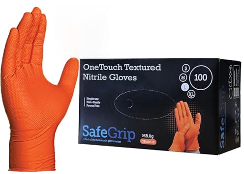 A406 Disposable Diamond Textured Nitrile Gloves Orange 100 Count Powder Free Strong Gloves Heavy Duty for Machanic (Medium-8)