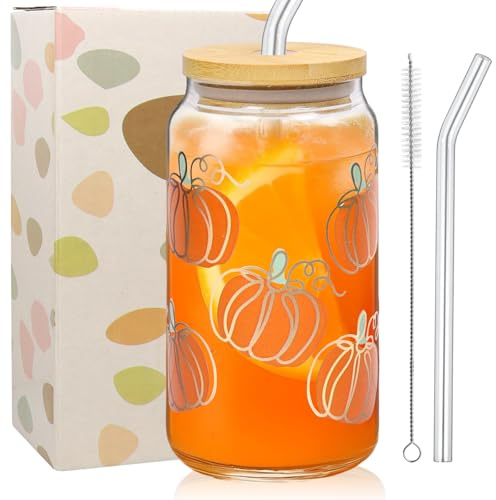 Gobelets en verre avec couvercle et paille,500 ml Halloween Verre avec Paille Motif Halloween Gobelets à thé Citrouilles Verres à Café Glacé thé au lait, boissons cola fêtes d'halloween et l'automne