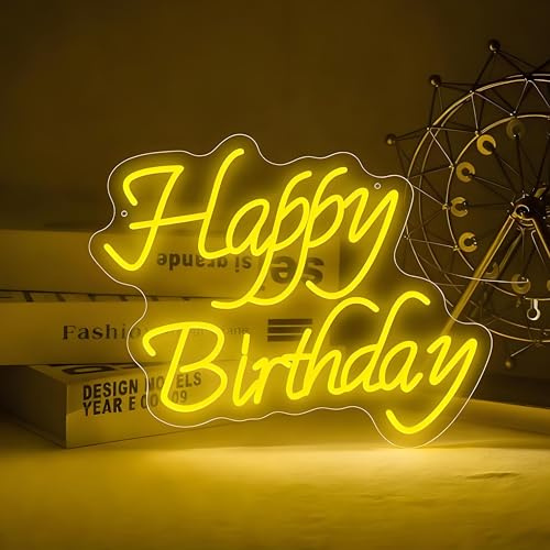 Happy Birthday Neon Schild, LED Gelb Geburtstag Neon Sign für Wand Deko, Dimmbare Brief Neonlichter USB Power für Geburtstag Party Pub Bar Club Home Schlafzimmer Wohnzimmer Mann Höhle