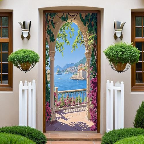 Carta Parati Porta Vista dal balcone ad arco Fotomurali Autoadesivi Per Porte In Vinile, Impermeabile Carta da Parati Soggiorno Cucina Camerette Applique Poster 90 x 200 cm