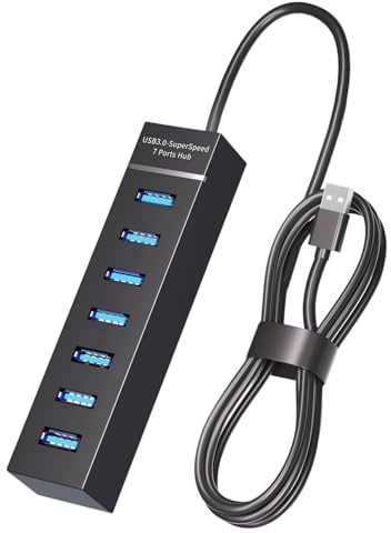 7 Port USB 3.0 Hub, 5Gbps Data Transfer USB Splitter with 1.2m Cable, Plug and Play Multi USB Port Adapter for Laptop, PC, Keyboard, Mouse, USB Flash Drive and Printer
