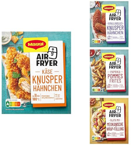 Bundle aus MAGGI Airfryer Knusper Hähnchen & Käse, Hähnchen & Paprika, Pommes Frites, Mexikanische Wrap Füllung