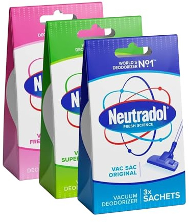 Neutradol Vac Sacs Vacuum Deodorizer Sachets(Vacuum Hoover Air Freshener Eliminates Odours for Pets, Cooking, Smoking & Waste - Original, Fresh Pink and Super Fresh (9 Sachets)