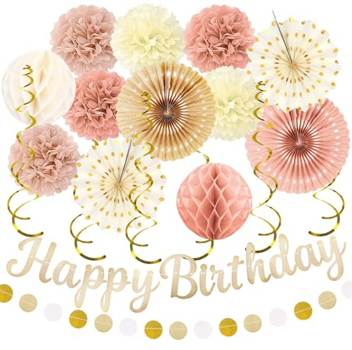 Recosis Geburtstagsdeko, 20 Stück Beige Champagner Gold Geburtstag Party Deko, Happy Birthday Girlande Papier Wabenbälle Pompons Papierlaterne Spiralen - Kindergeburtstag Deko, Geburtstagsdeko Frauen