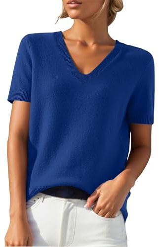 PODOLIXIA Jersey de manga corta para mujer, cuello de pico, de punto, monocolor, manga corta, jersey de punto fino, suave, respetuoso con la piel, para verano, suéter para mujer