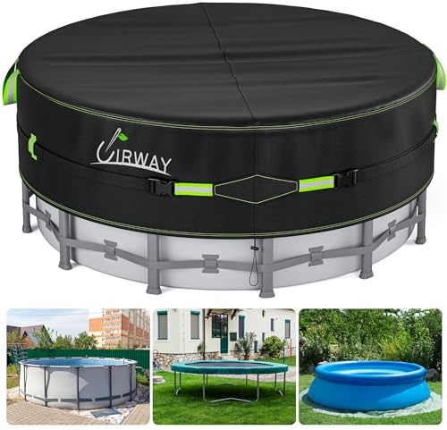 UIRWAY 18 Ft Round Pool Cover with Reflective Strips, Swimming Pool Cover for Above Ground Pools, Solar Cover Including Rope Tie and Luminous Ground Nails, PU Tarp Snug Fit for UV Protected