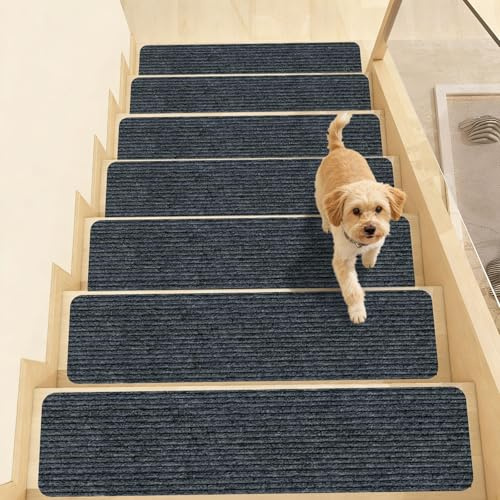 15 Stück Treppenstufen Matten, 55x22 cm Treppenmatten, Dunkelgrau Türmatte Wasserabweisend, Rechteckig Selbstklebend Antirutsch Treppe Stufenmatten Innen, für Schützen Haustiere, Senioren Kinder