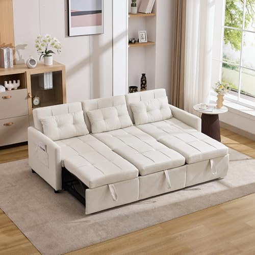 KUAKE Divano moderno Schlafsofa mit Schlaffunktion,Ecksofa Sofa und L-förmiges Sofa,Klappbares Stauraumsofa mit Seitentaschen,Beige