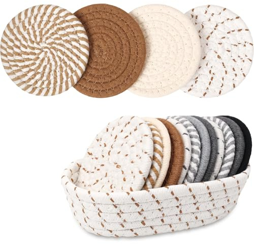COEWUR 12 Piezas Posavasos Redondos para Vasos y Bebidas con Cesta de Almacenamiento de algodón Trenzado Posavasos de Cristal Posavasos para Tazas, Bebidas