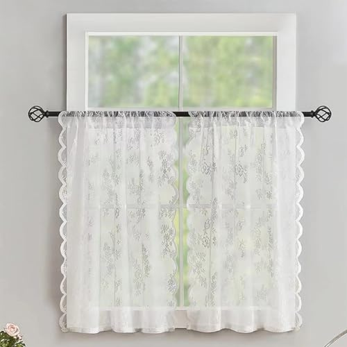 Devola Scheibengardine Spitze Kurzgardine 2er Set HxB 60x75cm Weiß 2 Stück | Bistrogardine Blumenmuster, Romantisch Gardinen Landhaus, Halbtransparent Küchenvorhang für Badezimmer Klein Fenster 2 Stück