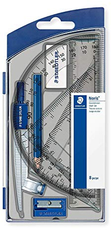 STAEDTLER 550 60 S8 Geometrie Set mit insgesamt 8 Artikeln im Klappdeckeletui | Zirkel, Bleistift, Radierer, Spitzer, 2 Dreiecke, Lineal & Winkelmesser – Art.-Nr. 550 60 S8
