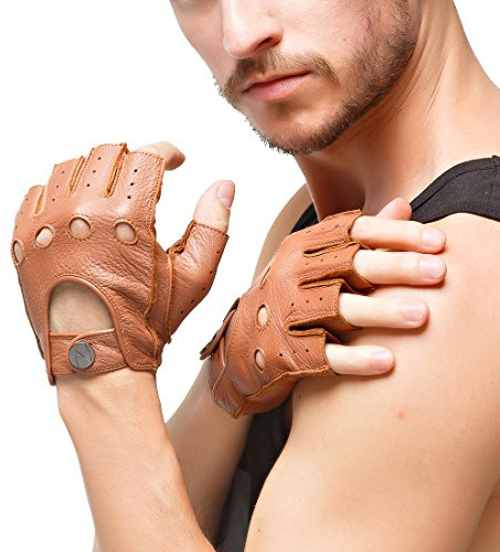 Nappaglo Herren Hirschleder Fingerlose Handschuhe Halbfinger Lederhandschuhe für fahren Motorrad Radfahren Ungefüttert Handschuhe