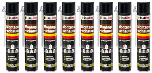 Isolbau Bauschaum B2 Montageschaum mit Aussprührohr - PU-Pistolenschau Adapterschaum für Montage, Isolierung, Abdichtung, Innen & Außen - 8 x 750 ml