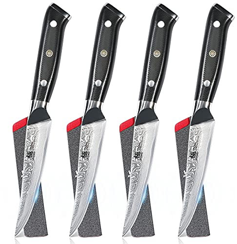 KYOKU Damasco - Set di 4 coltelli da bistecca non seghettati, serie Shogun in acciaio giapponese VG10, con guaina e custodia