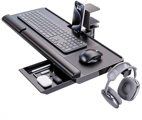 Tilt Adjustable Keyboard Tray Under Desk w/ 360° Rotation - Klearlook Ergonomic Rotatable Computer Keyboard & Mouse Tray 24.4W×10D Sit Stand Desk Keyboard Holder w/Wrist Rest & Storage Drawer-Black