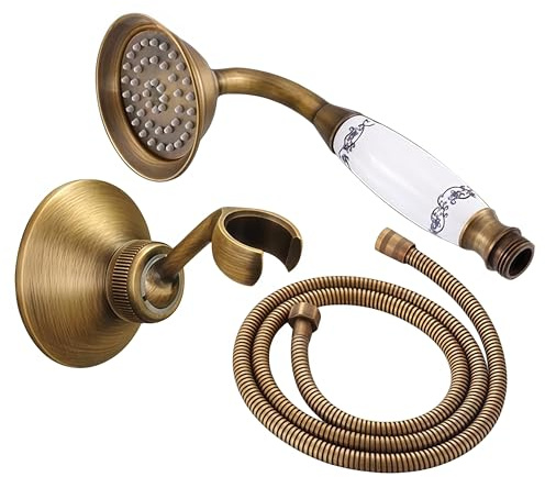 Palmare Docce soffione a mano con Accessorio per il bagno con doccia in ottone antico 8Soffione per doccia a pioggia/Doccia a mano/Tubo flessibile da 150 cm/Valvola ad angolo/Staffa-4