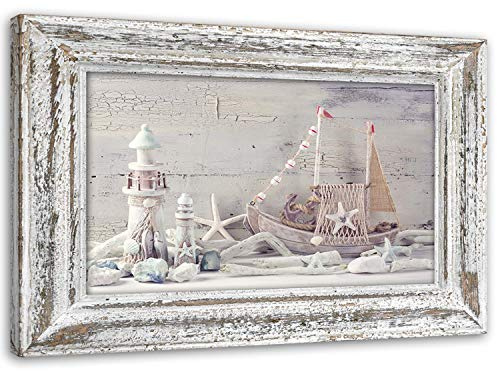Feeby Leinwandbild XXL Schiff Leuchtturm 120x80 cm Wandbild Kunst Shabby chic Rahmen Illusion Beige