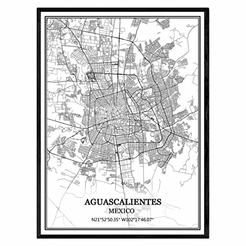 Aguascalientes Mexiko-karta väggkonst canvastryck affisch konstverk utan ram modern svartvit karta souvenir gåva heminredning -28 x 35 cm