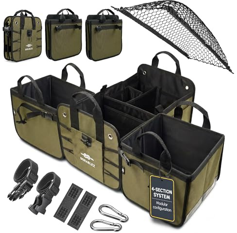 DURABLEZ 4-Section Extra Large Trunk Organizer – Heavy Duty 1680D, Collapsible & Foldable Cargo Organizer, Modular Multi-Shape Storage System for SUVs, Trucks, Vans – Green