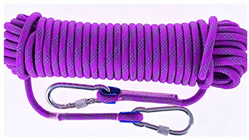 QHY Outdoor-Kletterseil, 10 mm, statisches Kletterseil, Kletterseil, Flucht, Eiskletterausrüstung, Feuerrettung, Fallschirmseil mit 2 Stahlhaken (Farbe: Lila, Größe: 10 m x 10 mm)