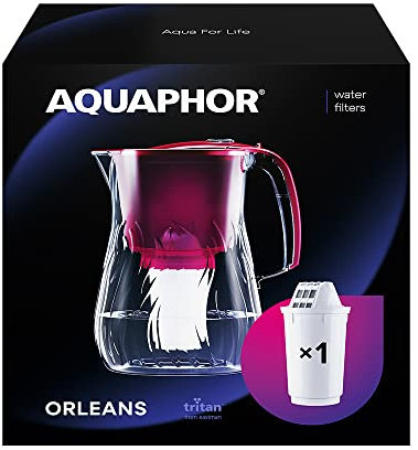 AQUAPHOR Orleans Water Filter Jug 4.2L, for reduction of limescale, Chlorine and other impurities, 1x A5 350 litre Added Magnesium Cartridge - Premium Water Filter jug in Glass effect. Cherry