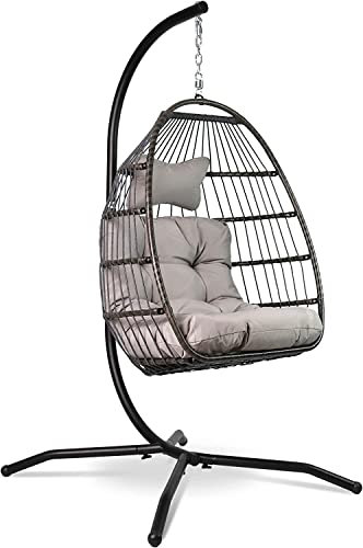 VITA5 Hängesessel mit Gestell - Bequemer Hängekorb Sessel - Rattan Hängesessel Outdoor und Indoor - Boho Egg Schaukel für Terrasse&Leseecke - 150 kg Tragkraft (Grau)