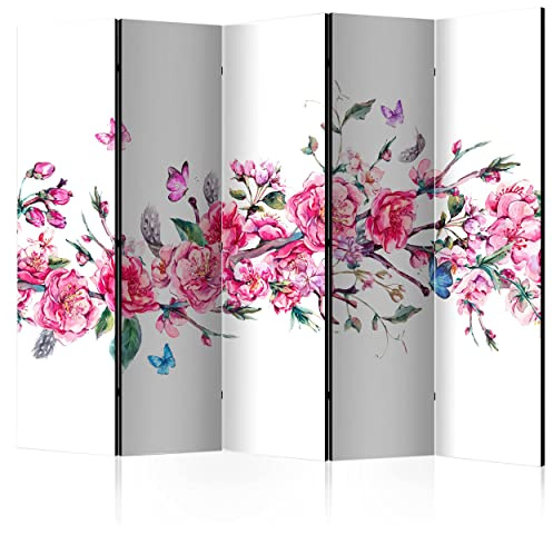 decomonkey Paravent Raumteiler Innen Blumen, 225x172 cm, 5-teilig, Pflanzen | Einseitig, Falter, Wohnzimmer, Room Divider, Wall, Raumteiler Stehend, Trennwand, Sichtschutz, Spanische Wand, Holz