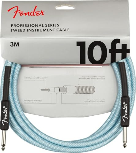 Fender Professional Series Instrument Cable 10ft, Straight, Tweed | Guitar cable, braided tweed jacket, low noise, nickel-plated 1/4 jacks, 99% OFC conductor, Daphne Blue, electric guitar