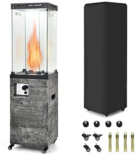 COSTWAY Outdoor Gas Patio Heater, 12 KW Flame Adjustment Portable Propane Fireplace with Lockable Wheels & Waterproof Cover, Real Flame Standing Floor Heater for Garden Camp BBQ Parties (Dark Grey)