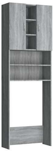 vidaXL Washing Machine Cabinet, Grey Sonoma, Engineered wood, 64x25.5x190 cm - Ample Storage Space with 2 Doors and 9 Compartments - Bathroom and Laundry Room Space-Saver