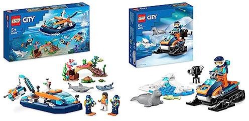LEGO 60377 City Meeresforscher-Boot Spielzeug & 60376 City Arktis-Schneemobil, Konstruktionsspielzeug-Set mit 3 Tier-Figuren und Einer Explorer-Minifigur, Spielzeug für Kinder ab 5 Jahren