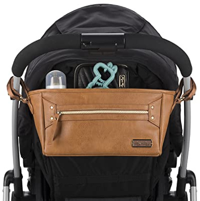 Itzy Ritzy Adjustable Stroller Caddy and Organizer Bag Featuring Front Zippered Pocket, 2 Built-in Interior Pockets & Adjustable Straps to Fit Nearly Any Stroller (Cognac)
