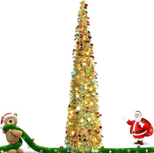Kensbro Artificial Christmas Tree,5FT/ 1.5M Pop Up Christmas Tree with 5m 50 Warm Color Lights,Collapsible Christmas Tree for Holiday Xmas Decorations Indoor Outdoor, Home Display, Office Decor