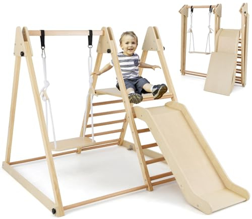 GYMAX 3 in 1 Kids Climbing Set, Wooden Toddler Swing Climber Set with ASlide & Adjustable Rope, Indoor Playground Children Climbing Frame for 3 Years Old + Boys Girls (Natural)