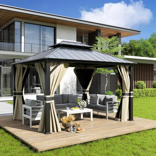 UDPATIO 3 x 3.65 m Gartenpavillon Wasserdicht Stabil Winterfest Hardtop Pavillon, Verzinkter Stahl Doppeldach Aluminium Pavillon mit Moskitonetz und Vorhänge für Garten, Terrasse, Rasen, Beige