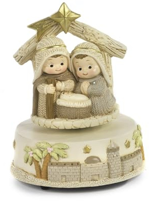 PABEN Presepe Gruppo Natività Bambino con Capanna 13.4 cm in Resina con Carillon