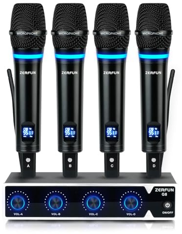 ZERFUN Rechargeable Wireless Microphone System 4 Channel Pro, UHF Metal Wireless Mics Cordless for Singing Karaoke Church, VOL Control, 4x50 Adjustable Frequency, 1/8, 1/4, XLR Output(G8)
