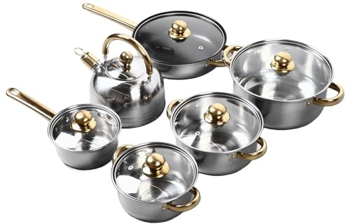 Stainless Steel Cookware Set, Gold Handle 12-Piece Kitchenware Collection, Multi-Purpose Stainless Steel Pots and Pans for Home Cooking, Chefs, Camping, and Everyday Use