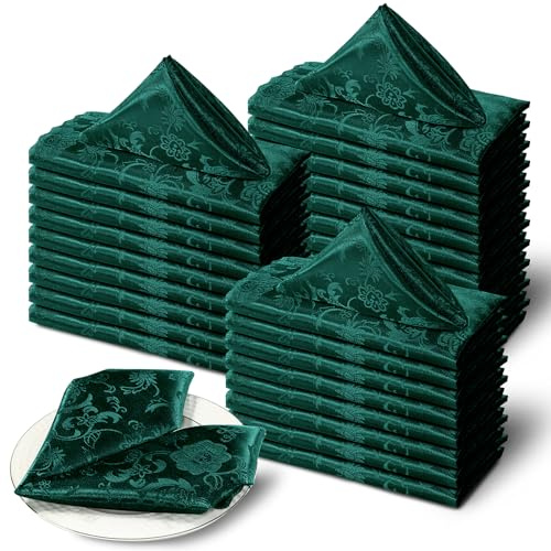 Cobedzy 60 Pack Green Satin Cloth Napkins, 17x17 Inch Jacquard Napkins Damask Cloth Napkins Luxurious Satin Napkins for Wedding Banquet Party Restaurant Dinner Decoration