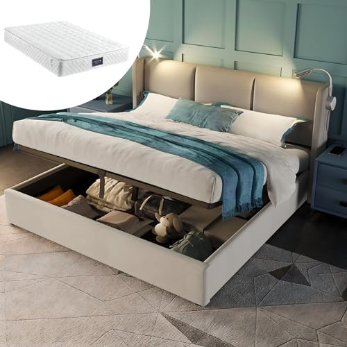 Kdtoll Polsterbett Doppelbett 160x200cm, Leselicht USB Ladefunktion Bett, Stauraumbett mit Matratze, Bettkasten und Lattenrost(Leinen, Beige)