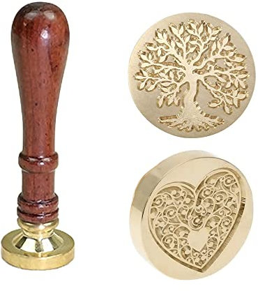 Wachssiegel Stempel, 2 Stk Messing Siegelstempel für Umschlag Einladungen Karten Geschenk Hochzeit, Abnehmbarer Wachs Siegel für Selbstklebend Siegelwachs, Prägestempel Datumstempel, Herz & Lebensbaum