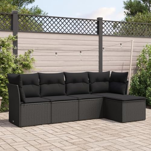 ULUYYUC 5-TLG. Garten-Sofagarnitur, Küchensofa Ecksofa Gartenstühle Gartenbank Geeignet für Hinterhof Balkon Garten Außenbereich mit Kissen Schwarz Poly Rattan
