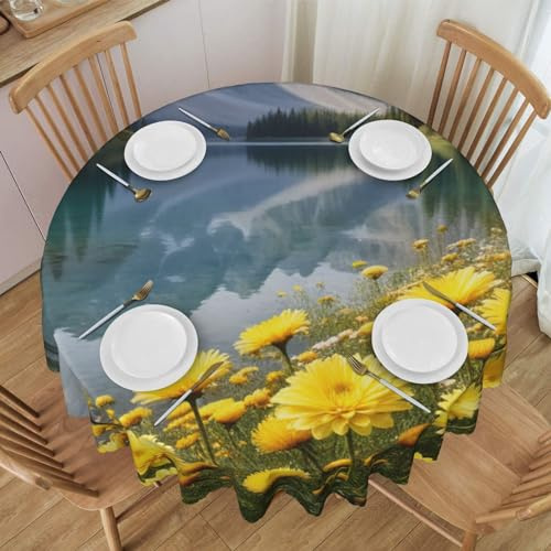 KARFPP Curvatura Camomilla Fiori Stampa Tovaglia Rotonda Per Sala da Pranzo Cucina Partito Decor 152 Pollici Panno di Poliestere