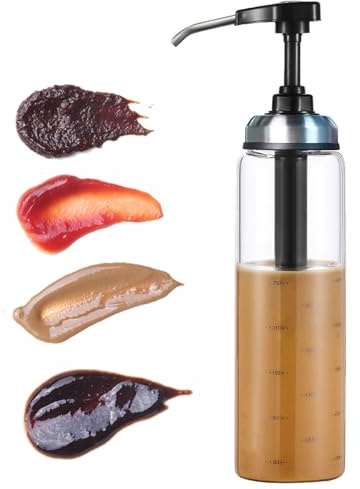 DXQCHDUO Dispensador de jarabe con bomba, botella de ketchup recargable de 500 ml para salsa y jarabe de vidrio con cabezal de bomba de presión de cuello ancho, botella pegajosa para exprimir,